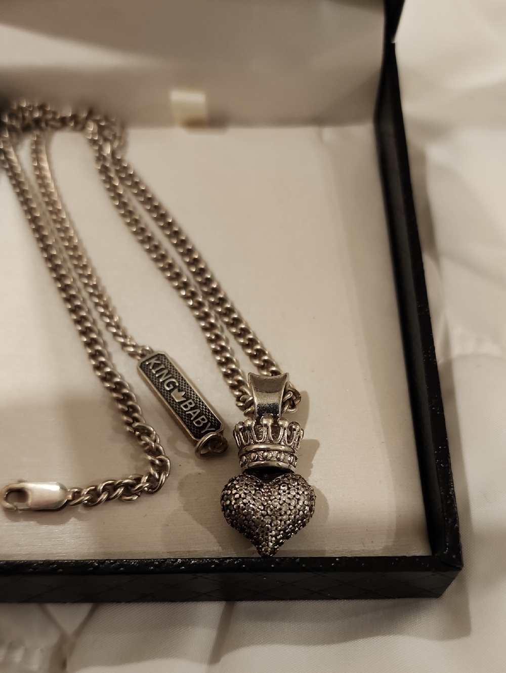 King Baby Studio Silver Tone Crowned Pavé Heart Necklace